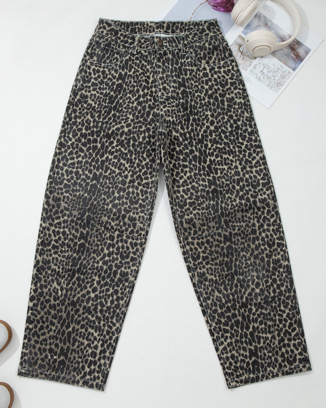 Black Leopard Print High Waist Barrel Jeans
