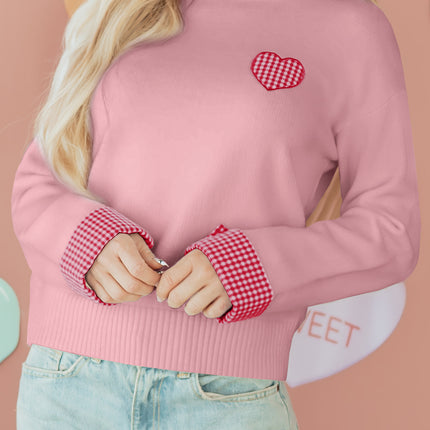 Light Pink Plaid Heart Embroidered Cuffed Drop Shoulder Crew Neck Sweater