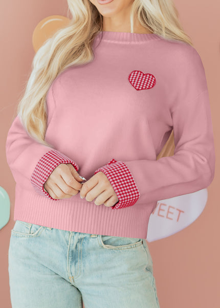 Light Pink Plaid Heart Embroidered Cuffed Drop Shoulder Crew Neck Sweater