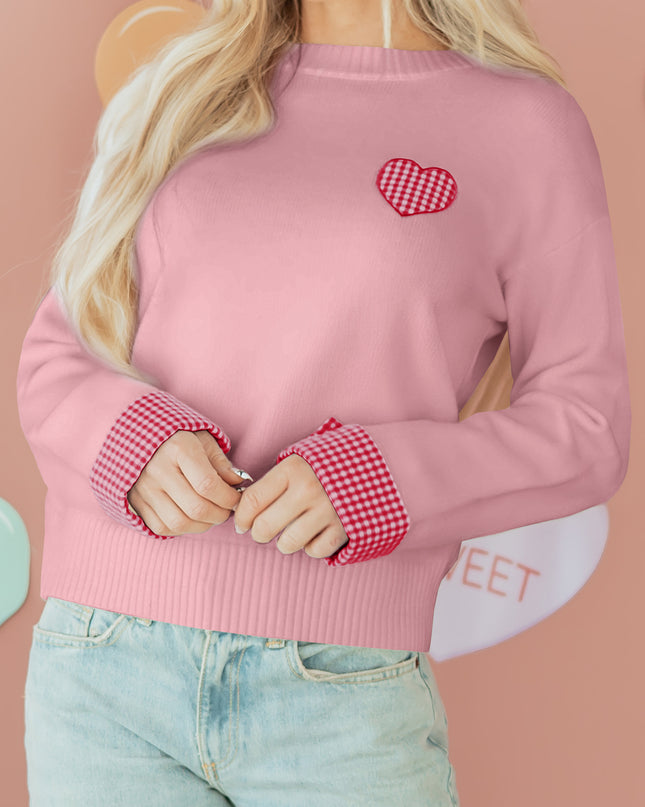 Light Pink Plaid Heart Embroidered Cuffed Drop Shoulder Crew Neck Sweater