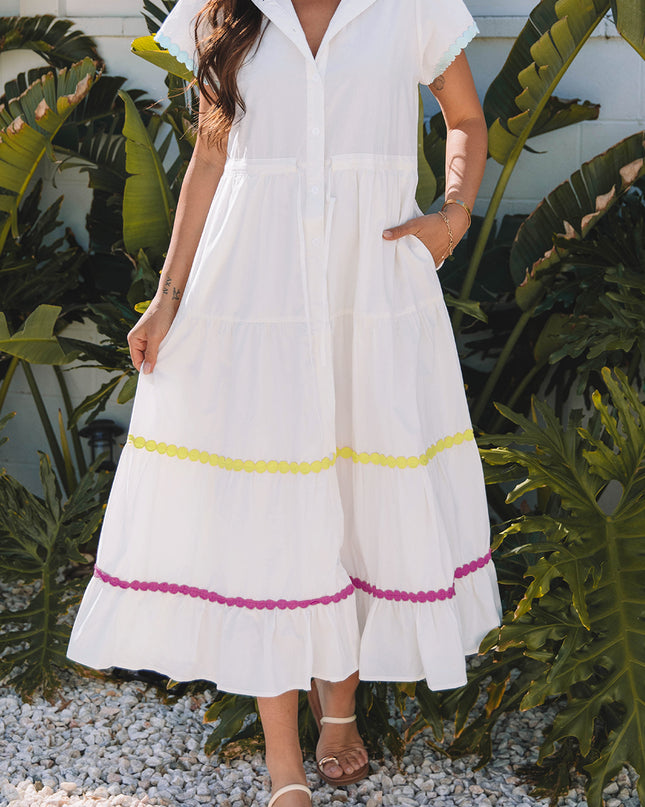 White Colorblock Rickrack Trim Short Sleeve Drawstring Waist Long Dress