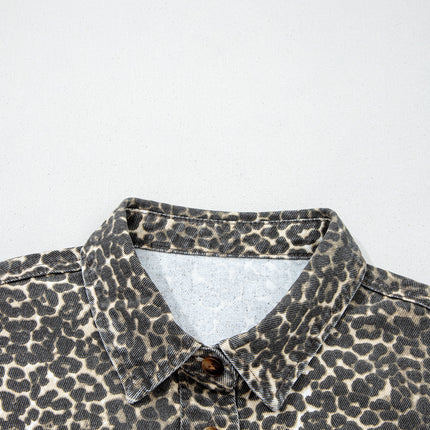 Gray Vintage Leopard Print Short Sleeve Loose Cotton Denim Shirt