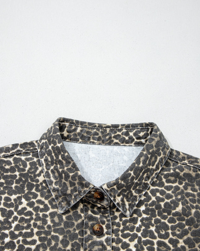Gray Vintage Leopard Print Short Sleeve Loose Cotton Denim Shirt