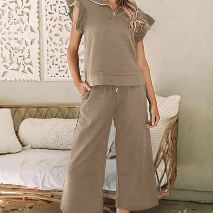 Black Textured Flutter Sleeve Top Wide Leg Pants Set