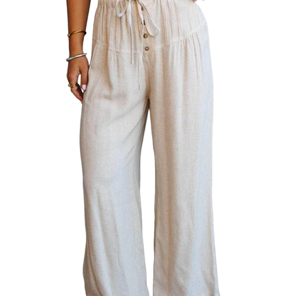 Jet Stream Drawstring Elastic Waist Button Pleated Detail Wide Leg