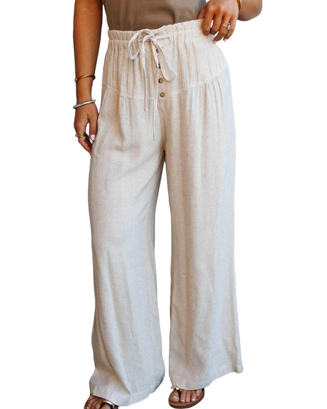 Jet Stream Drawstring Elastic Waist Button Pleated Detail Wide Leg