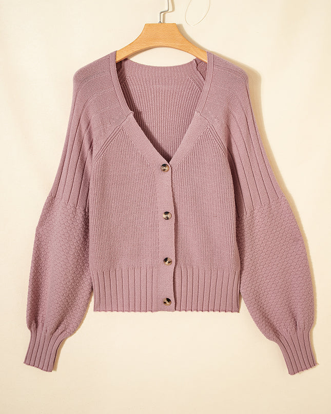 Goat Mixed Texture Knit Button V Neck Sweater Cardigan