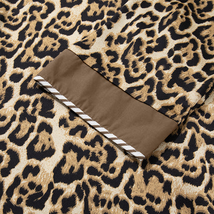 Brown Leopard Collared 3/4 Sleeve Shirt and Loose Pants Two Piece Outfit Set