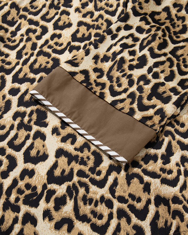 Brown Leopard Collared 3/4 Sleeve Shirt and Loose Pants Two Piece Outfit Set