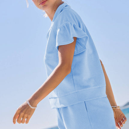 Beau Blue Ribbed Texture Half Zip Ruffled Short Sleeve Top and Shorts Set