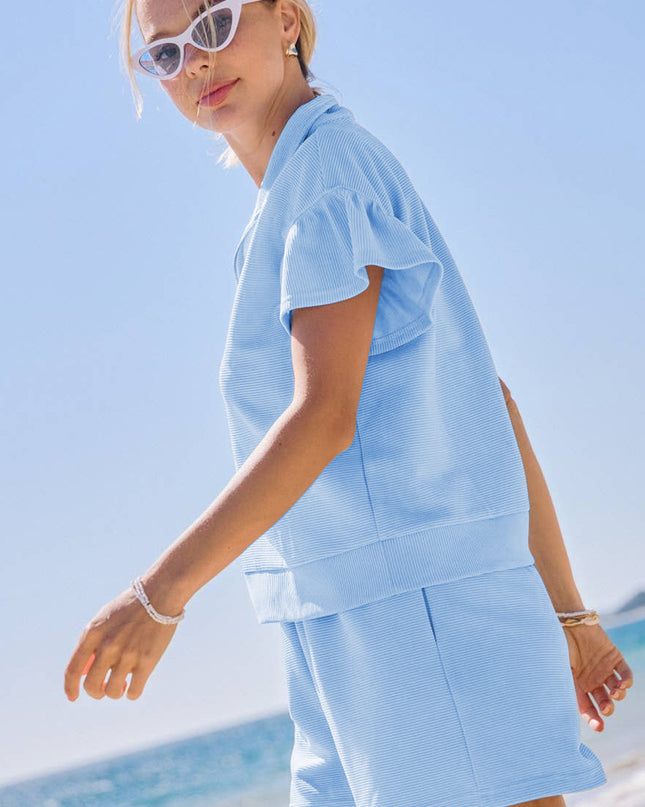 Beau Blue Ribbed Texture Half Zip Ruffled Short Sleeve Top and Shorts Set