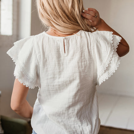 White Crinkled Layered Ruffled Flutter Sleeve Blouse