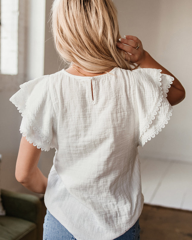 White Crinkled Layered Ruffled Flutter Sleeve Blouse