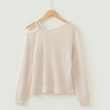 Jet Stream Solid Color Textured Knit Asymmetric Shoulder Long Sleeve Top