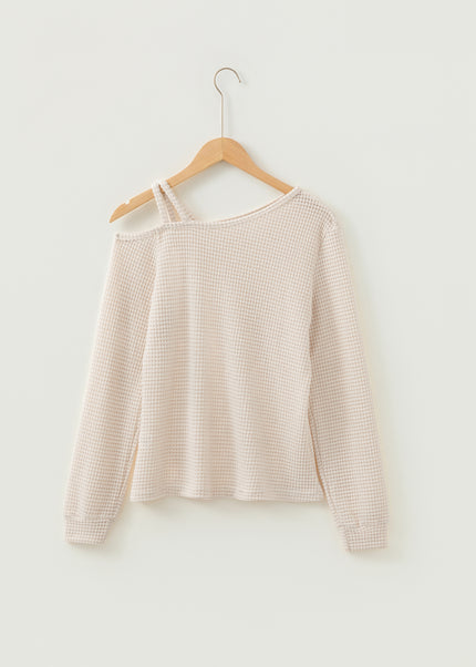 Jet Stream Solid Color Textured Knit Asymmetric Shoulder Long Sleeve Top