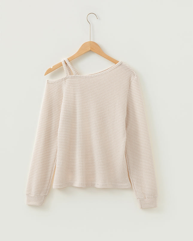 Jet Stream Solid Color Textured Knit Asymmetric Shoulder Long Sleeve Top
