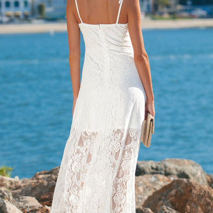 White Tie Spaghetti Straps Floral Lace Overlay Long Dress