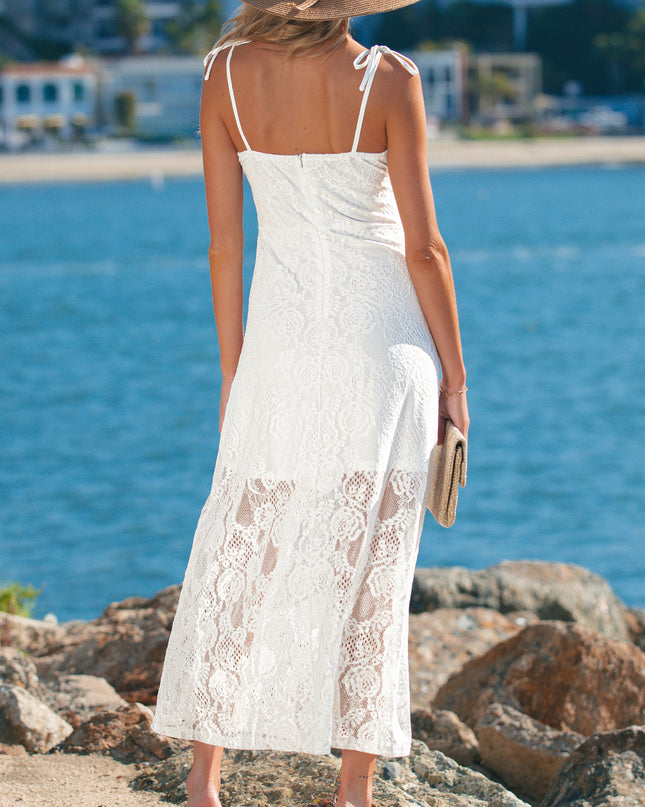 White Tie Spaghetti Straps Floral Lace Overlay Long Dress