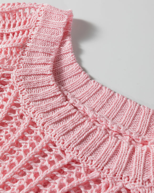 Apricot Plus Size Open Knit Bow Tie Short Sleeve Sweater