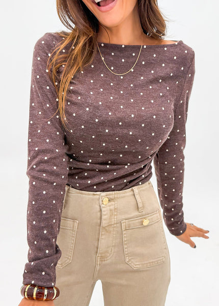 Dark Brown Polka Dot Boat Neck Knit Long Sleeve T Shirt