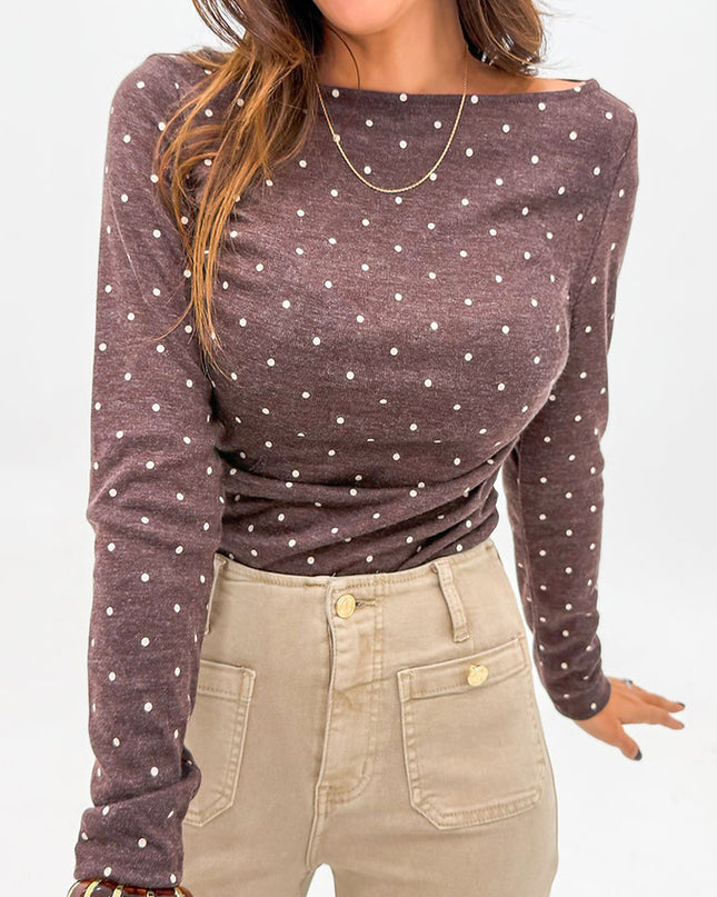 Dark Brown Polka Dot Boat Neck Knit Long Sleeve T Shirt