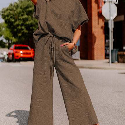 Black Textured Loose Fit T Shirt and Drawstring Pants Set