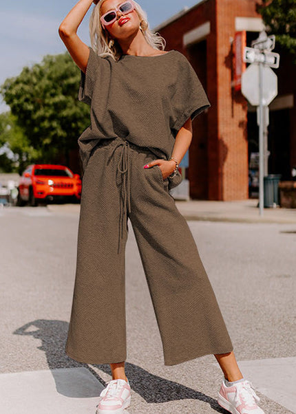 Black Textured Loose Fit T Shirt and Drawstring Pants Set