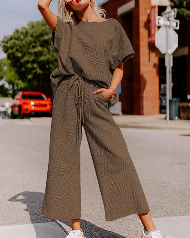 Black Textured Loose Fit T Shirt and Drawstring Pants Set