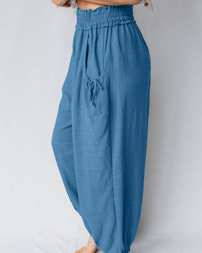 Prussian Blue Smocked Waist Casual Jogger Style Pants