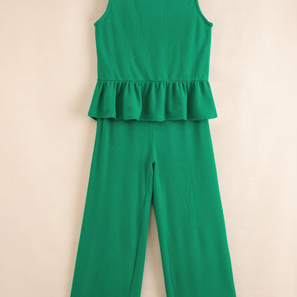 Beau Blue Solid Color Ribbed Ruffle Tank Top and Pants Set