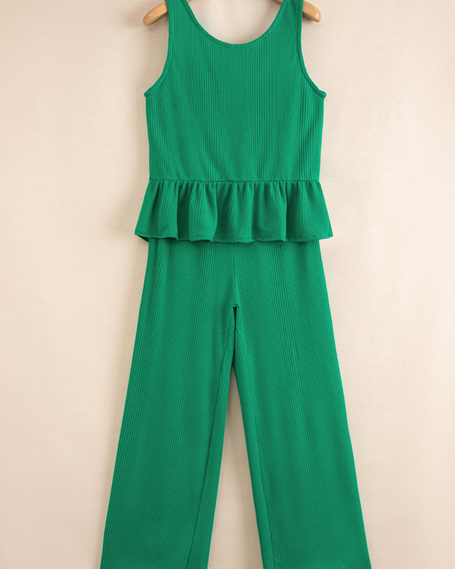 Beau Blue Solid Color Ribbed Ruffle Tank Top and Pants Set