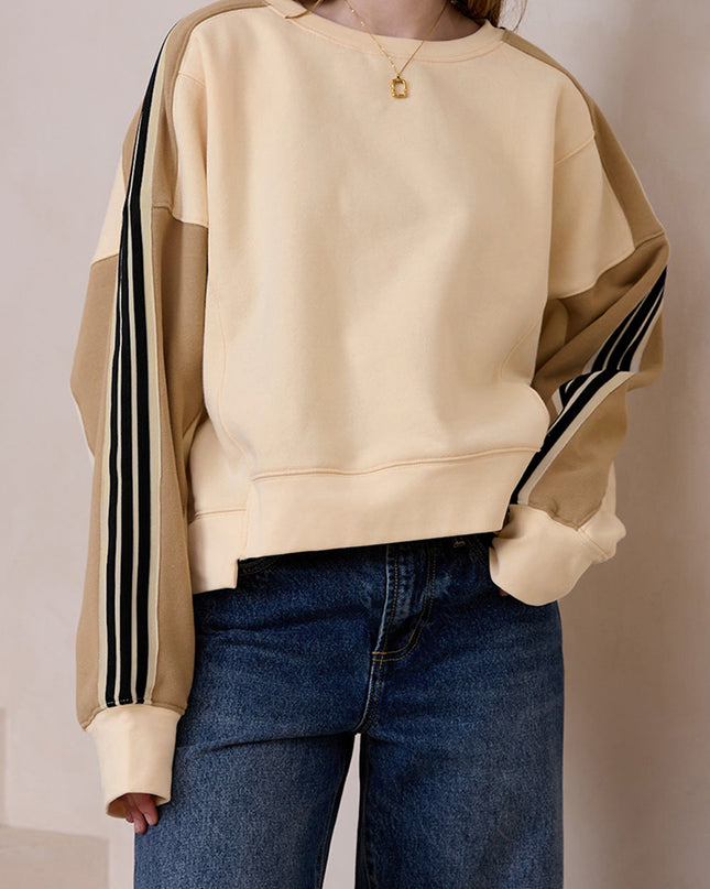 Beige Contrast Striped Patchwork Drop Shoulder Loose Sweatshirt