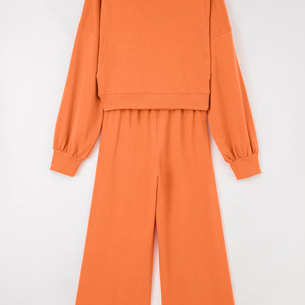 Flamingo Drop Shoulder Puff Sleeve Crop Pullover Drawstring Wide Leg Pants Set