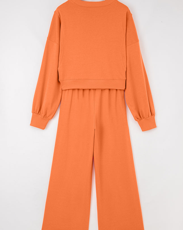 Flamingo Drop Shoulder Puff Sleeve Crop Pullover Drawstring Wide Leg Pants Set