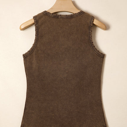 Coffee Vintage Distressed Ribbed Tank Top