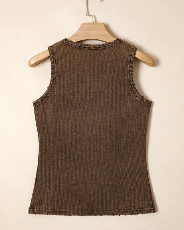 Coffee Vintage Distressed Ribbed Tank Top