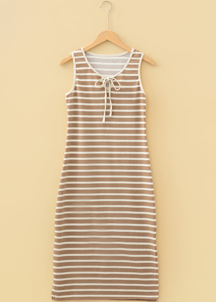 Sky Blue Stripe Tie V Neck Sleeveless Side Slit Midi Dress