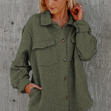 Black Retro Quilted Flap Pocket Button Shacket
