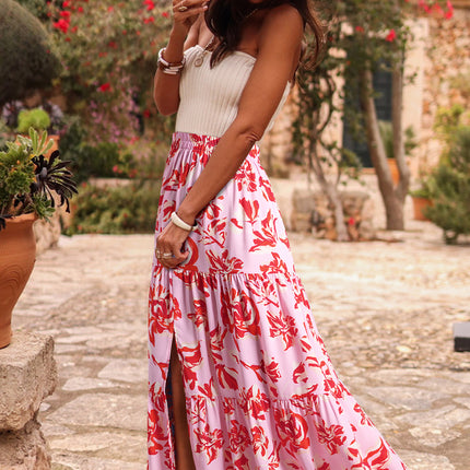 Pink Bohemian Floral Print Tiered Maxi Skirt with Split