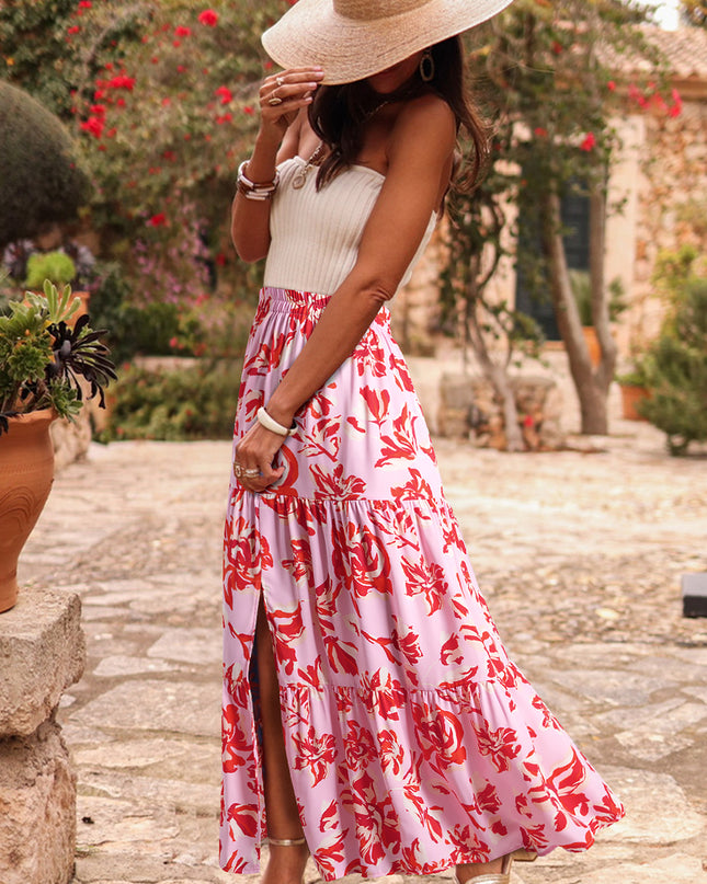 Pink Bohemian Floral Print Tiered Maxi Skirt with Split