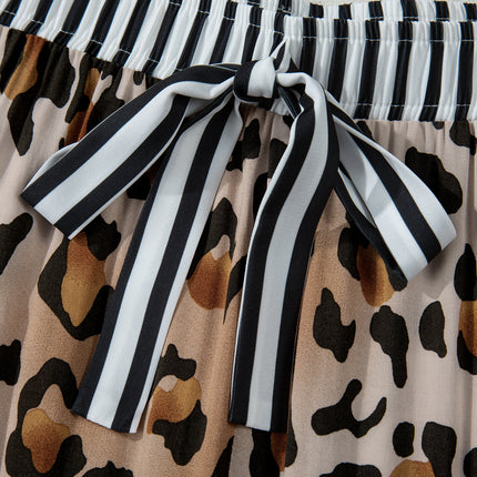 Khaki Plus Leopard Print Contrast Piping Striped Patchwork 2pcs Long Pajama Set