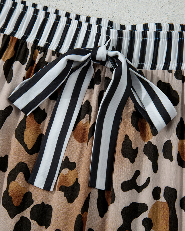 Khaki Plus Leopard Print Contrast Piping Striped Patchwork 2pcs Long Pajama Set