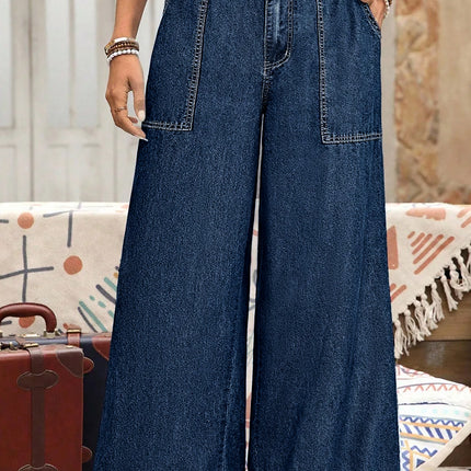 Sail Blue Plus Size Elastic Waist Ruffled Wide Leg Denim Pants