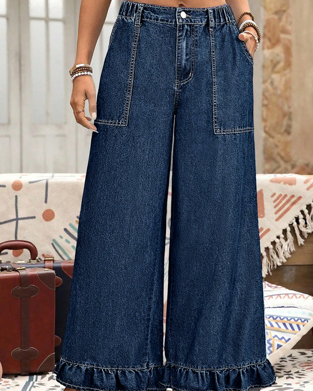 Sail Blue Plus Size Elastic Waist Ruffled Wide Leg Denim Pants