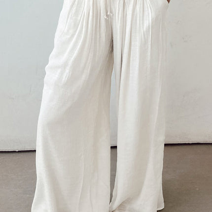 White Solid Drop Waist Pleated Wide Leg Casual Pants