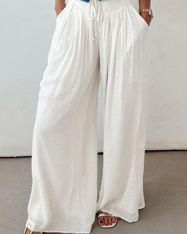White Solid Drop Waist Pleated Wide Leg Casual Pants