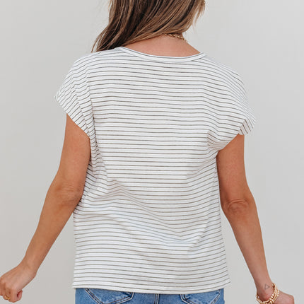 White Stripe Cap Sleeve Crew Neck Casual Tee with Chest Pocket