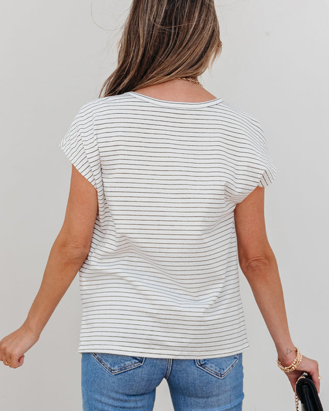 White Stripe Cap Sleeve Crew Neck Casual Tee with Chest Pocket