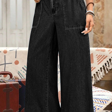 Sail Blue Plus Size Elastic Waist Ruffled Wide Leg Denim Pants