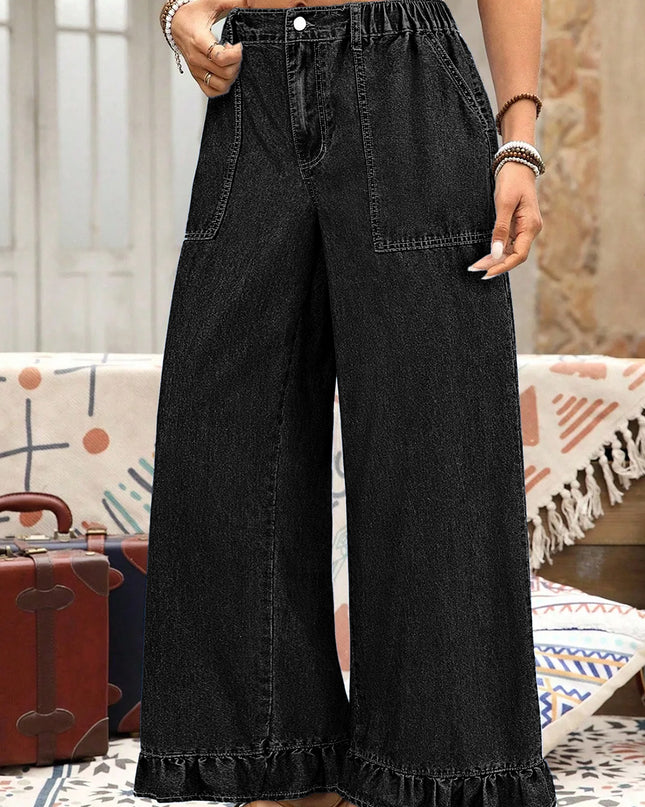 Sail Blue Plus Size Elastic Waist Ruffled Wide Leg Denim Pants